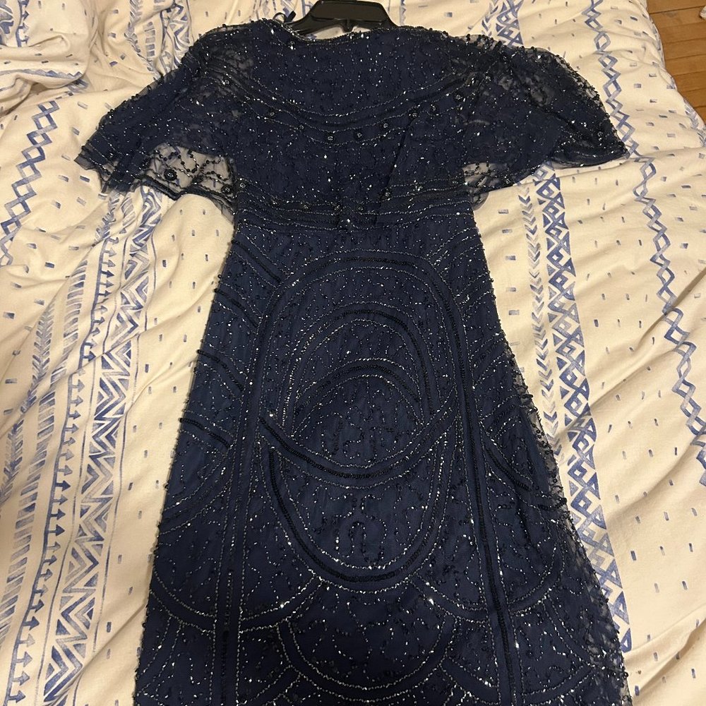 NWT Adrianna Papell Beaded Mesh Capelet Overlay Short Sleeve Sheath Dress